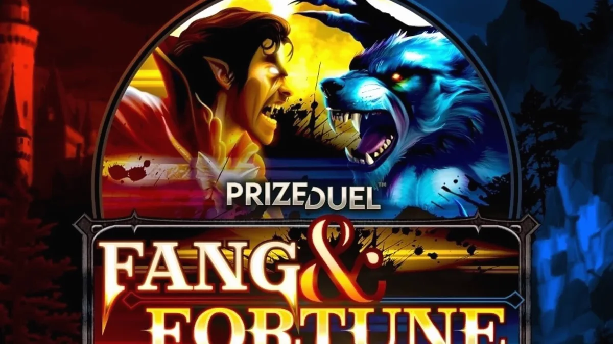 Fang & Fortune slot game interface featuring vampire and werewolf rivalry