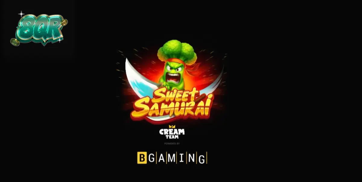 Broccoli Samurai berdiri di depan grid slot Sweet Samurai yang penuh dengan simbol buah berwarna-warni.